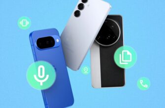 Three smartphones floating amid icons representing different features.