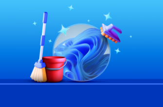 Windows 11 being cleaned, with a mop, bucket, and scrubbing brush.