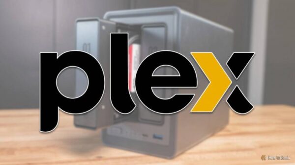 The Plex logo over a photo of a UGREEN NAS.