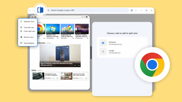 A Google Chrome browser window on a yellow background displaying the split-screen view feature.