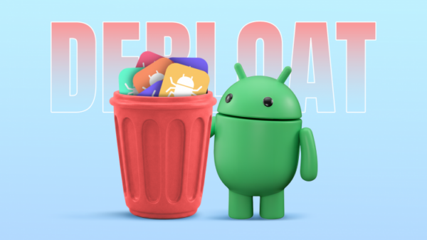 Зеленый робот Android стоит рядом с красным мусорным баком, переполненным иконками приложений, со словом 'DEBLOAT' на заднем плане.