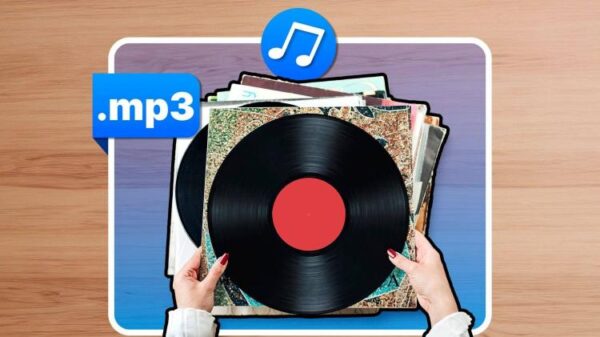 Женские руки держат виниловые пластинки с надписью mp3.