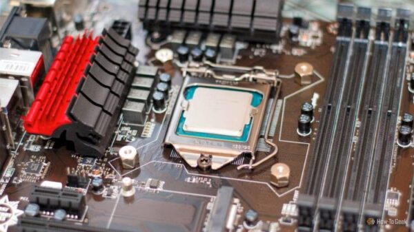 An old CPU on a motherboard without RAM.