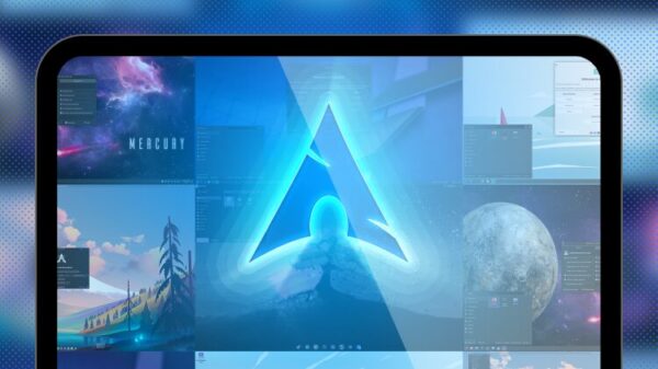 Arch Linux logo with some distros in the background.