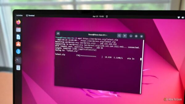 Linux terminal open in the Ubuntu desktop on a laptop screen.