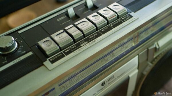Sharp GF-6363 stereo cassette boombox tape controls.