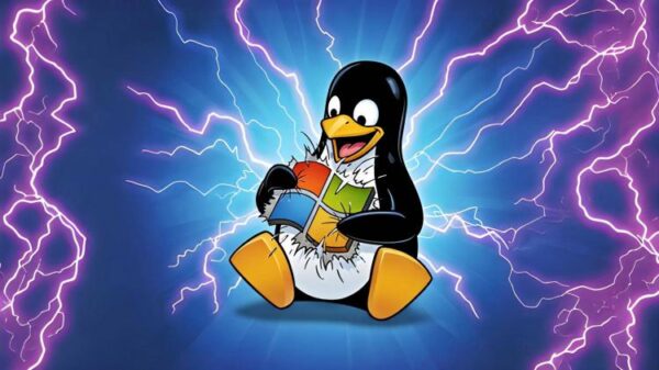 The linux penguin beating down a Windows logo as electricity rages around to show the penguin's dominance.
