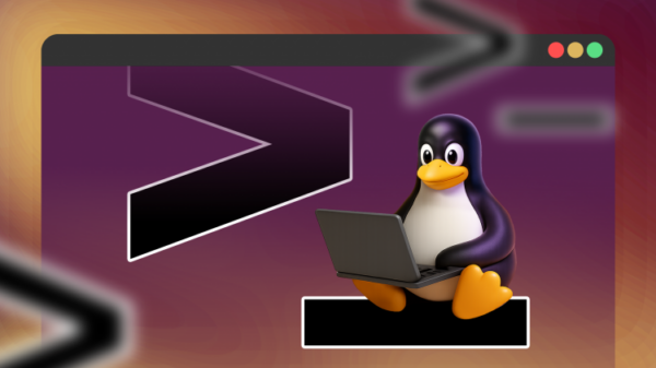 Tux, the Linux mascot, sitting with a laptop in front of a large terminal window.-1