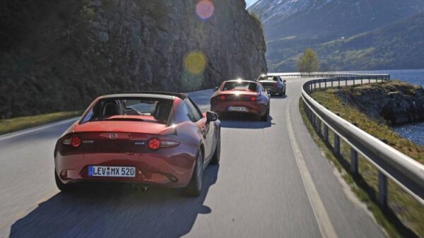 Rear 3/4 shot of three 2017 Mazda MX-5s