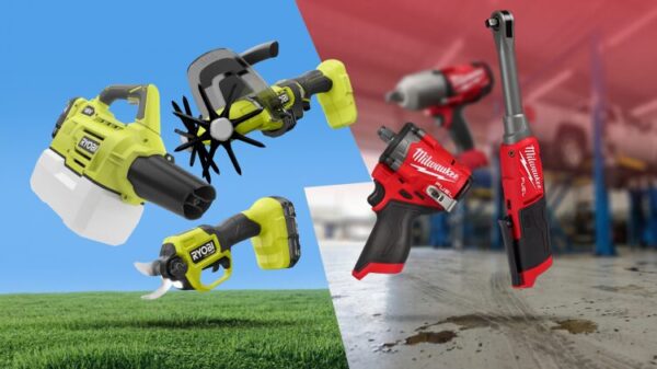 A split image showing green Ryobi yard tools floating over grass on the left, and red Milwaukee power tools in a mechanic's garage on the right.