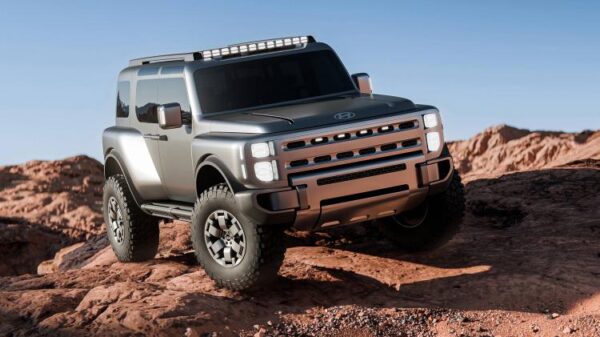 Hyundai Boulder Concept SUV driving over mountainous terrain.