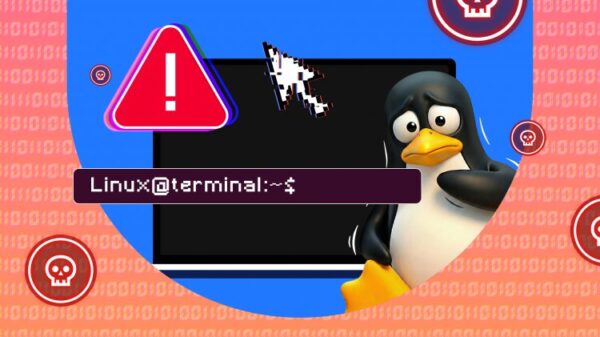 Иллюстрация: маскот Linux Tux озабочен рядом с консолью с предупреждением и символами-черепами.