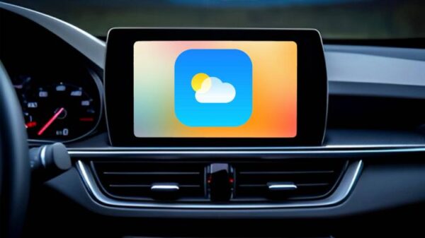 Weather app icon on the infotainment screen in a car.