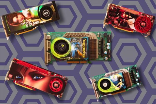 Old graphics cards floating on a geometric background.