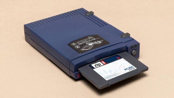 An Iomega ZIP drive with a disk partially inserted.