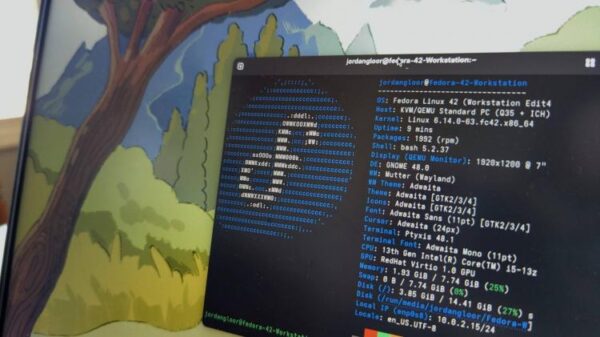 A laptop screen showing Fedora Linux 42 with a terminal open.