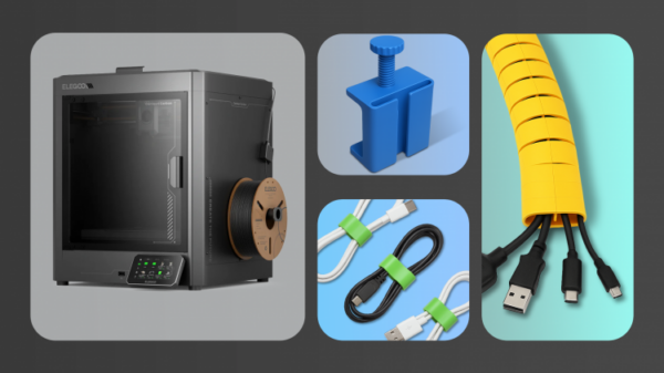 An Elegoo Centauri Carbon 3D Printer and some organized cables beside it.