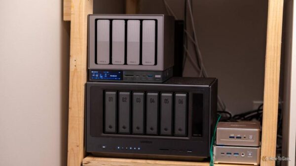Front view of the six-bay Ugreen NAS stacked with a four-bay enclosure.