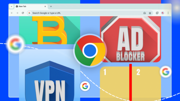 Google Chrome logo with AdBlock, VPN, crypto, and split-screen icons next to it.
