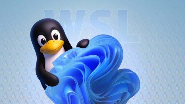 Tux, the Linux mascot, holding the Windows 11 logo with 'WSL' text in the background.