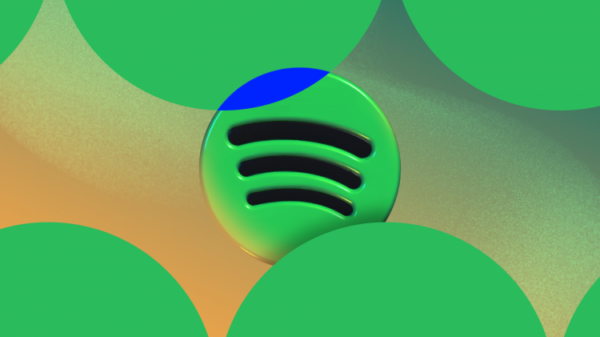 3D логотип Spotify среди абстрактных зелёных кругов.