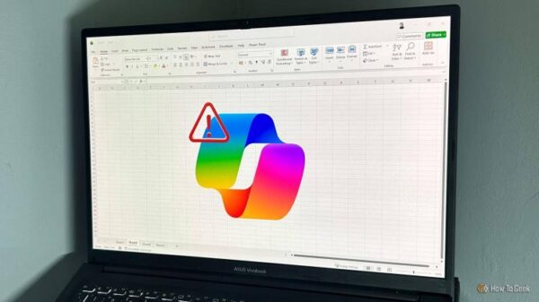 A laptop screen showing an Excel spreadsheet with the Microsoft Copilot logo and a red warning triangle icon overlaid on a blank grid.