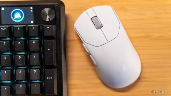 The CORSAIR Sabre v2 Pro ultralight gaming mouse sitting next to the CORSAIR Vanguard Pro 96 keyboard.
