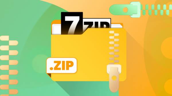 Иллюстрация: желтая папка с логотипом 7-Zip и изображением молнии на фоне.