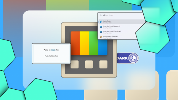 Illustration of the Microsoft PowerToys logo surrounded by interface snippets showing features like Paste as Plain Text, Color Picker, and Dark Mode.