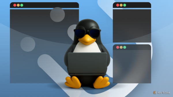 Linux mascot wearing sunglasses and using a laptop, surrounded by floating windows with the i3 Window Manager logo in the background.