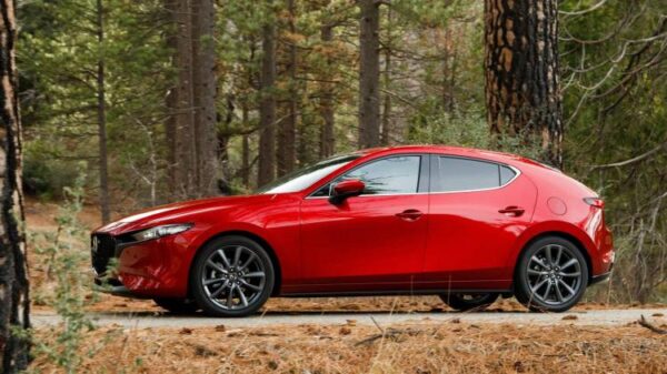 Front 3/4 shot of a 2019 Mazda 3