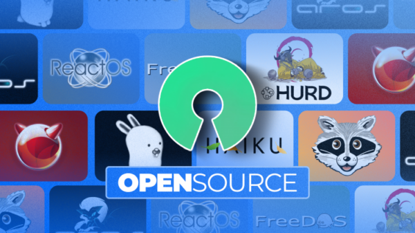 Иконка open source на фоне логотипов операционных систем.