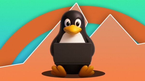 Tux, the Linux mascot, using a laptop in front of Cinnamon desktop mountains logo.
