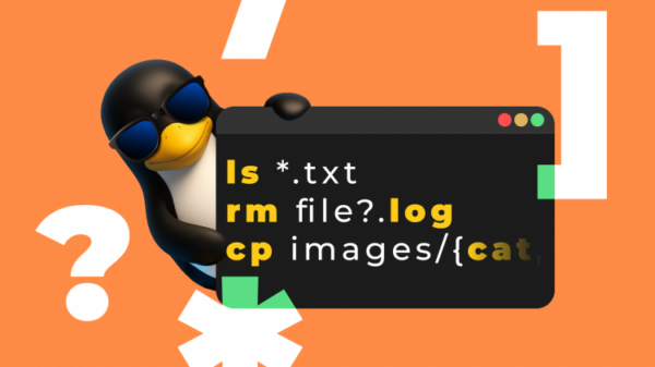 Tux, талисман Linux, в тёмных очках выглядывает из-за большого терминального окна с командами.