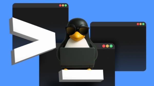 Tux, the Linux mascot, wearing sunglasses and working on a laptop surrounded by floating terminal windows and 3D command symbols.-1