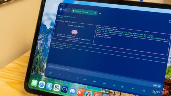 Крупный план приветственного экрана Claude Code на iPad, подключенном к Mac.