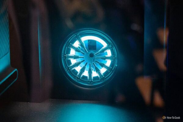 Illuminated filament path inside the Mova AtomForm Palette 300 3D printer.