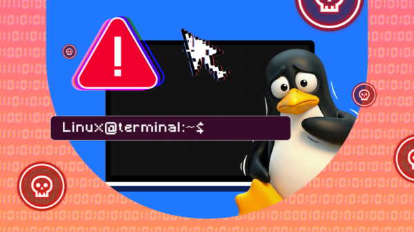 Иллюстрация: пингвин Tux выглядит обеспокоенным рядом с терминальным окном, на котором значок предупреждения и черепа.