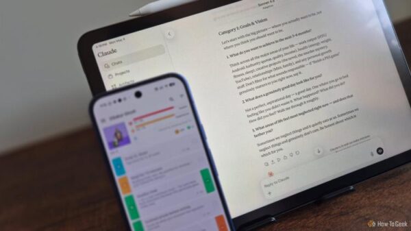 iPad and phone showing Claude Habitica system builder questionnaire with goals questions.