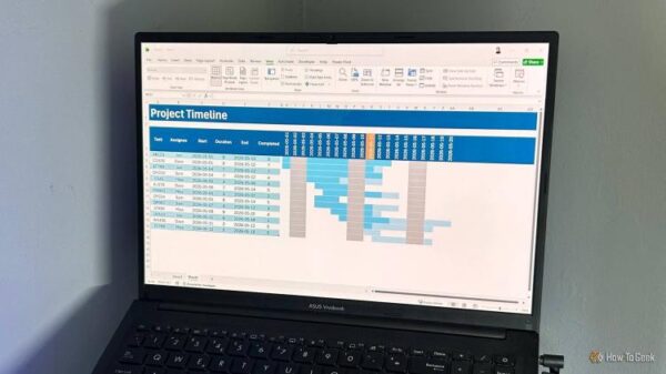 Laptop screen displaying a custom Gantt chart in Excel.