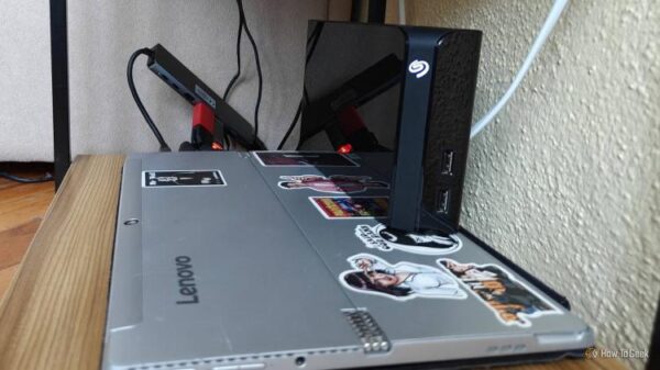 A laptop with an external hard drive operating as a NAS.