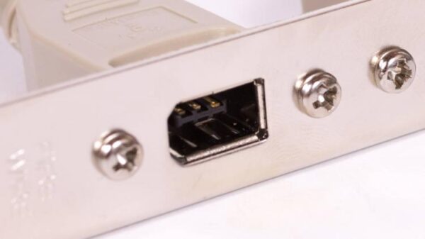 Firewire port on a vintage computer expansion card.