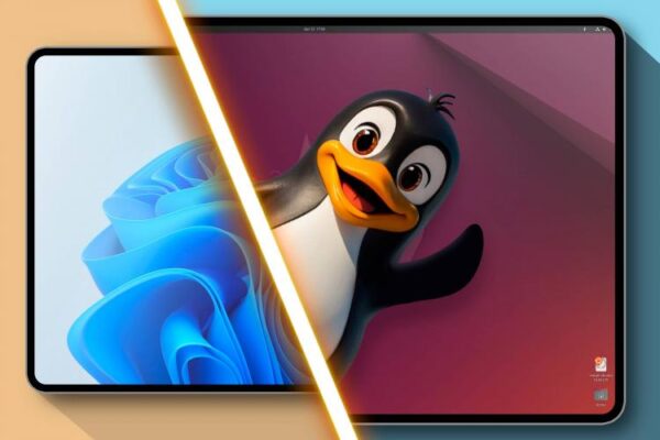 Разделённый экран: слева Windows 11, справа Linux с Tux