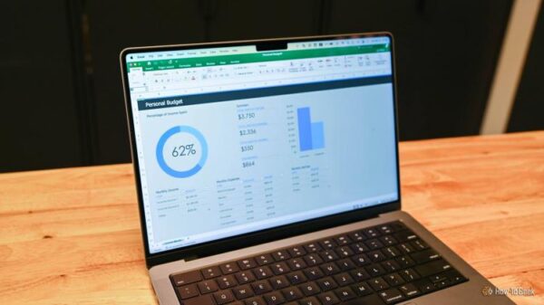 Laptop showing a personal budget in Excel.
