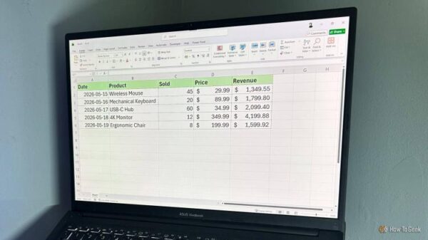 A Microsoft Excel spreadsheet on a laptop screen showing a manually formatted data range with green headers, black borders, and manual bolding.