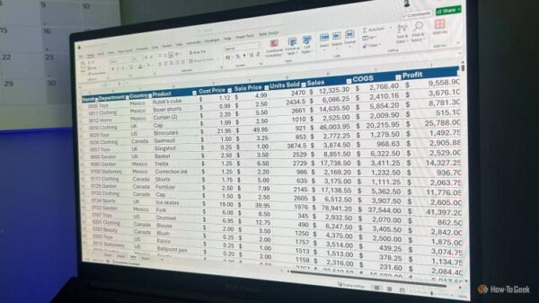 Laptop showing an Excel table.