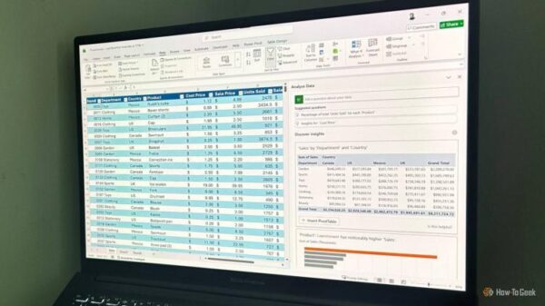 Laptop showing Microsoft Excel's Analyze Data tool with insights about a tabular dataset.